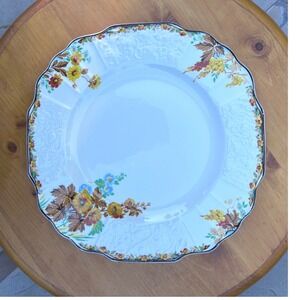 Vintage Autumn Dinner Plate White Scalloped Black Rim Floral Myott Staffordshire